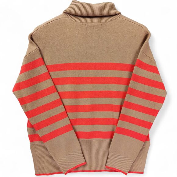 Tahari Turtleneck Sweater Size M Tan Red Stripe Knit Pullover Classic Cozy Chic - Picture 2 of 13